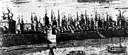 Вид цитадели с Волжской башней в 1731 году. Слева - Успенский собор. Взято из книги "Ярославль, Тутаев..."