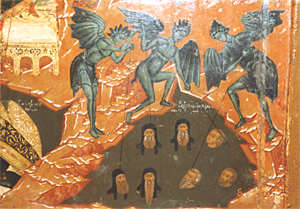 Черти пожирают монахов Спасского монастыря, икона, 17 век, деталь